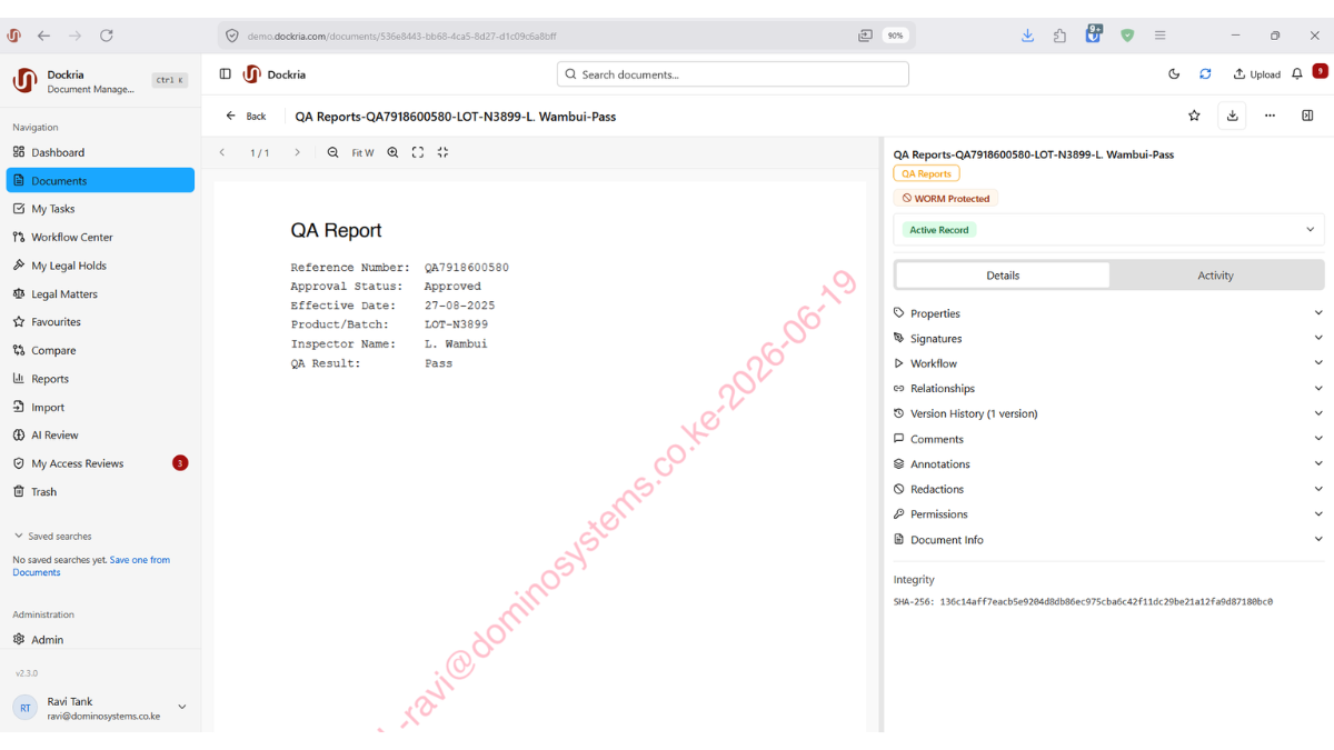 In-Browser Document Viewer, Dockria EDMS interface screenshot