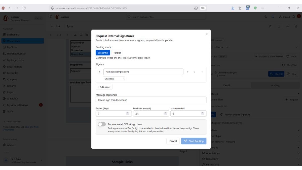 External Signing, Dockria EDMS interface screenshot