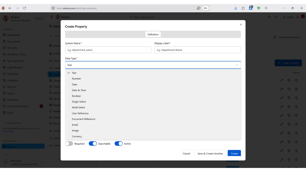 Metadata Management & Classification, Dockria EDMS interface screenshot