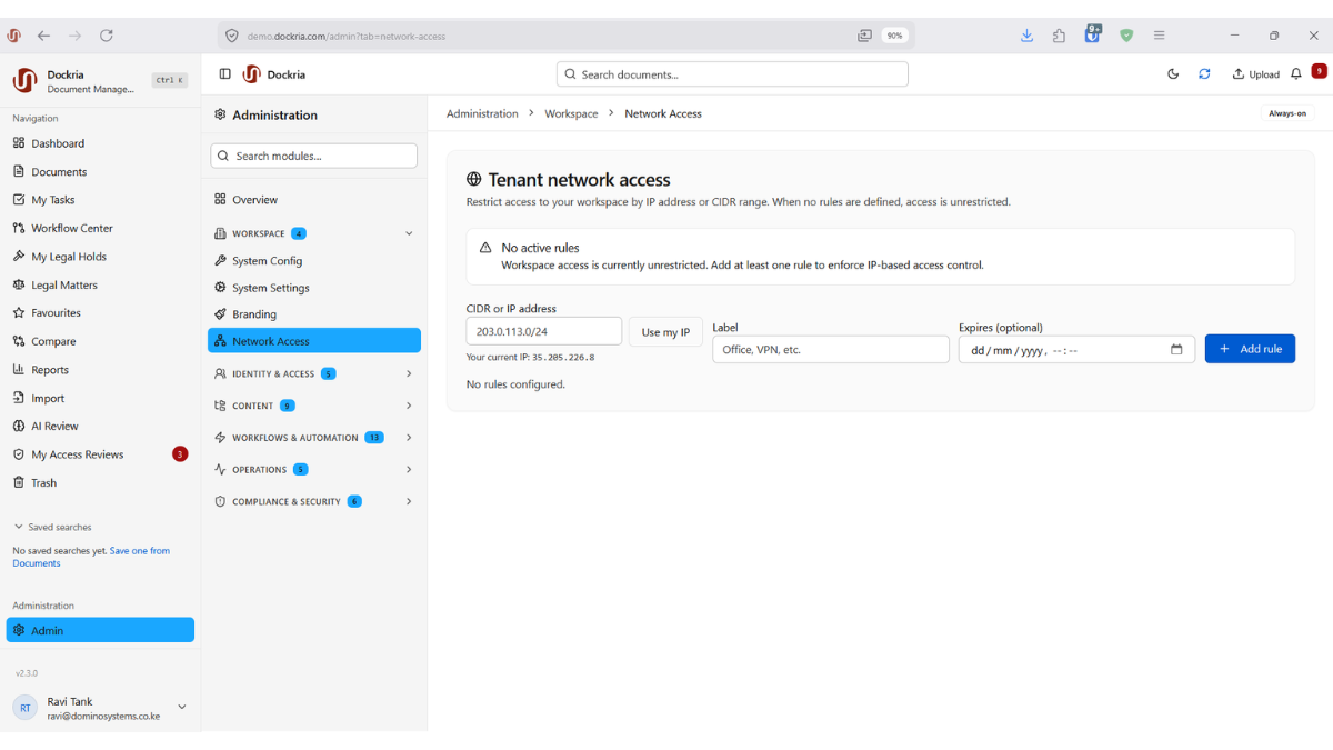 Network Access Control, Dockria EDMS interface screenshot